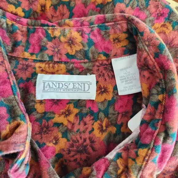 Vintage 90s Land's End Red Green Orange Autumn Fall Floral Button Down Shirt L - Picture 7 of 9